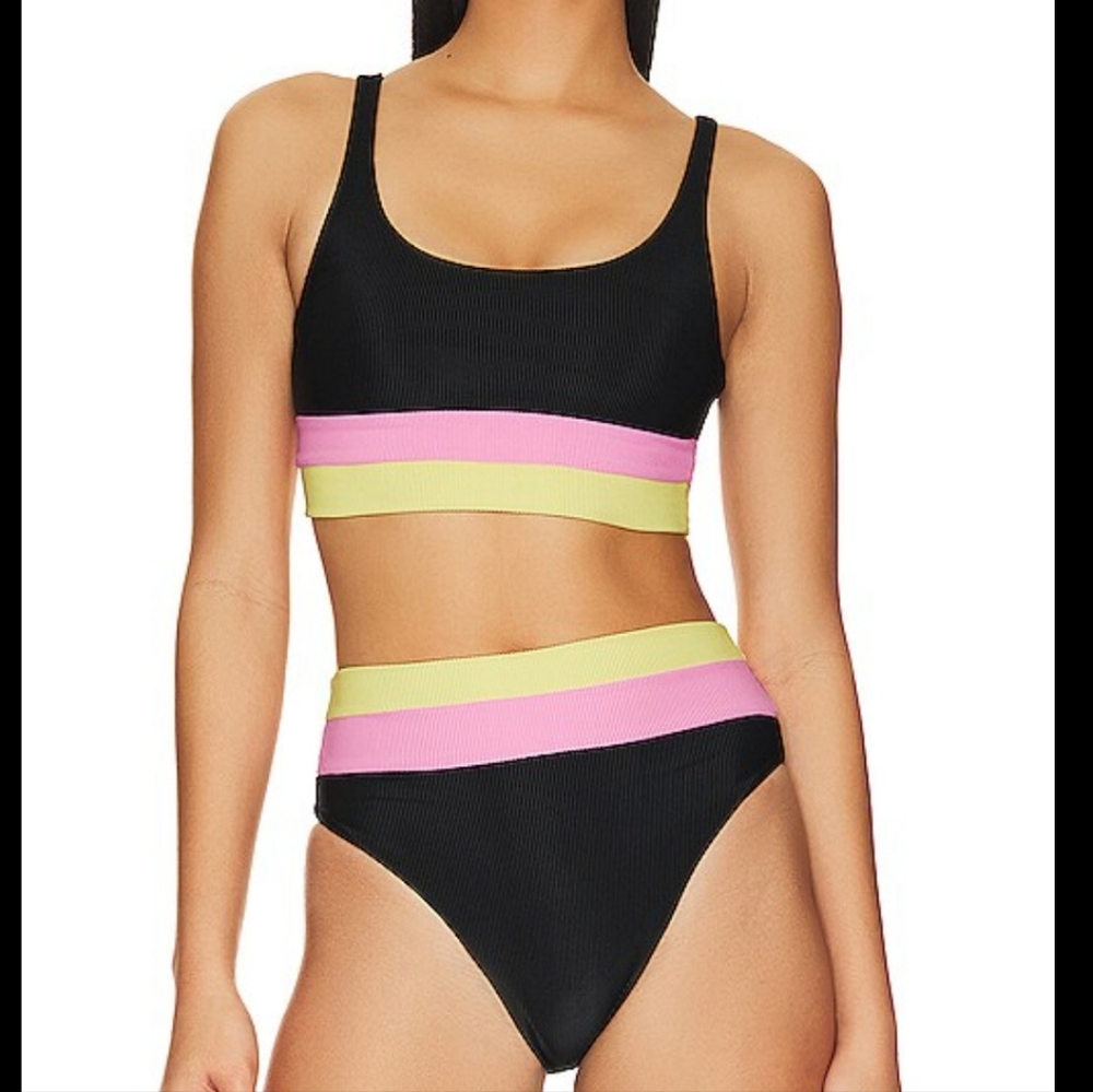 Beach Riot Black Ribbed Bikini with Pink and Yellow Stripes